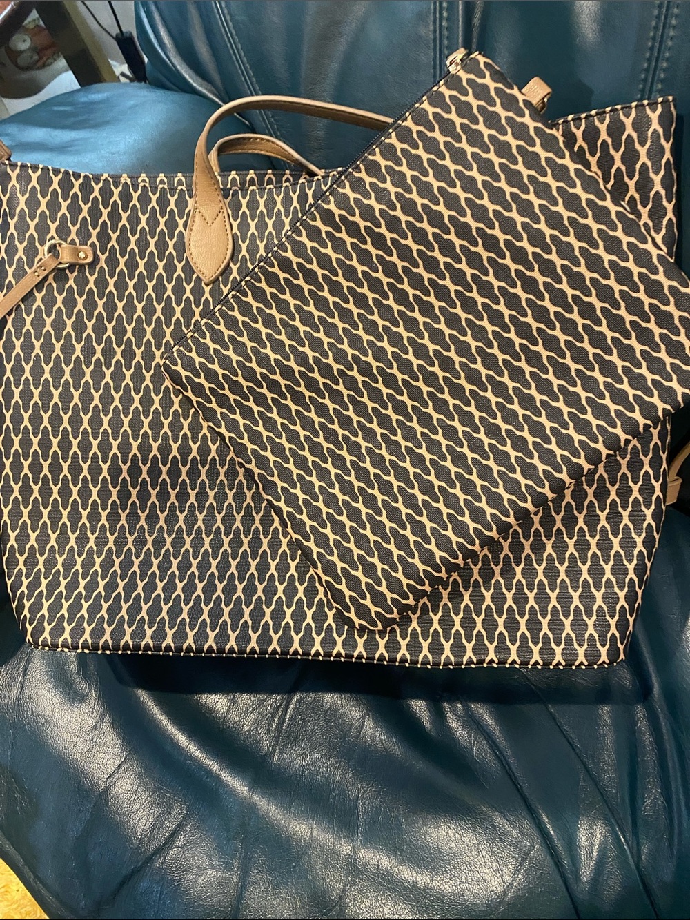 Tote Bag with Matching Pouch - Black and Tan Pattern will easily fit lap top